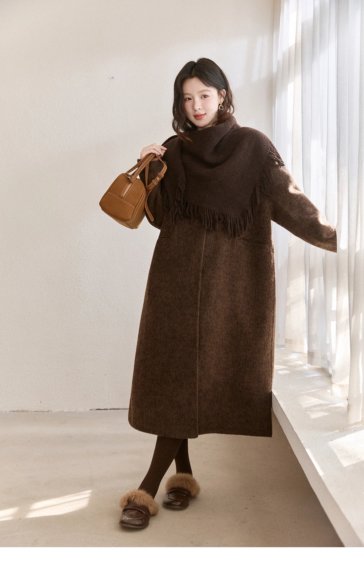 MISHOW Women's Woolen Coat with Scarf Winter Invisible Buckle Design Wool Overcoat Loose Elegant Warm Outerwear MXE93W1030