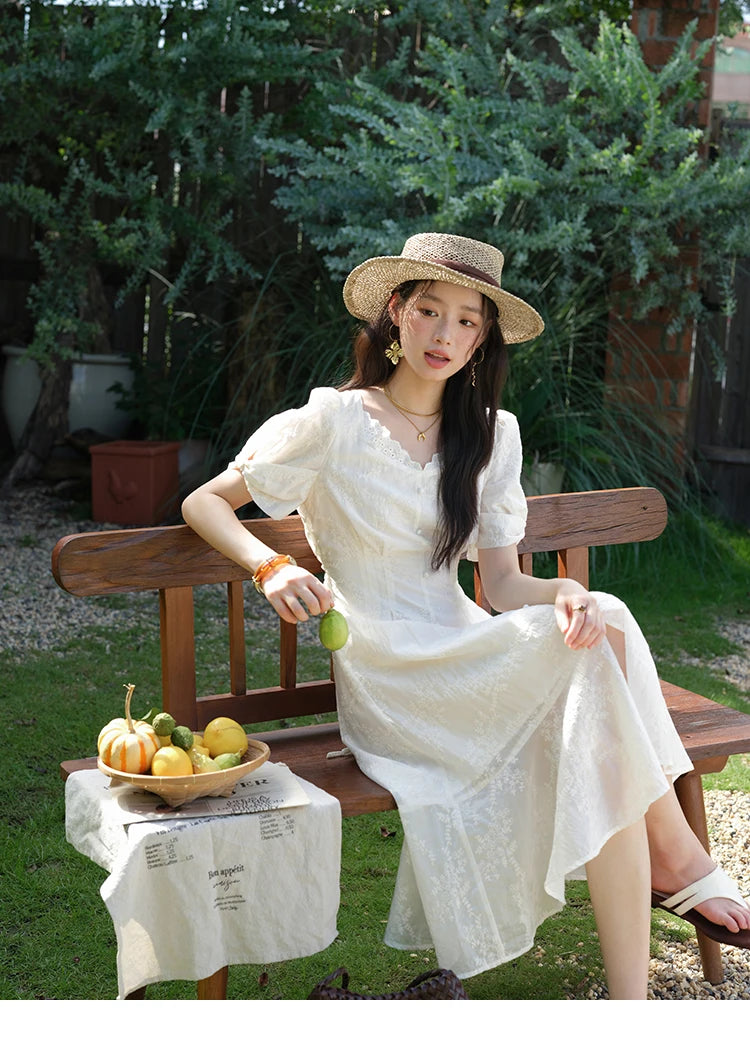 Mishow V-Neck Lace Embroidery Puff Sleeve Dress MXE39L2432