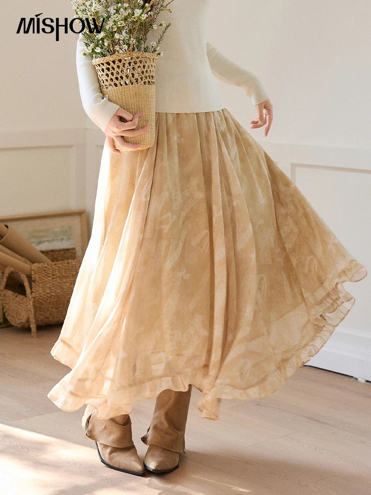 MISHOW Women's Beige Chiffon Maxi Skirt 2026 Spring Floral Print High Waist Ruffled Asymmetrical Casual Long Skirts MXF11B2463