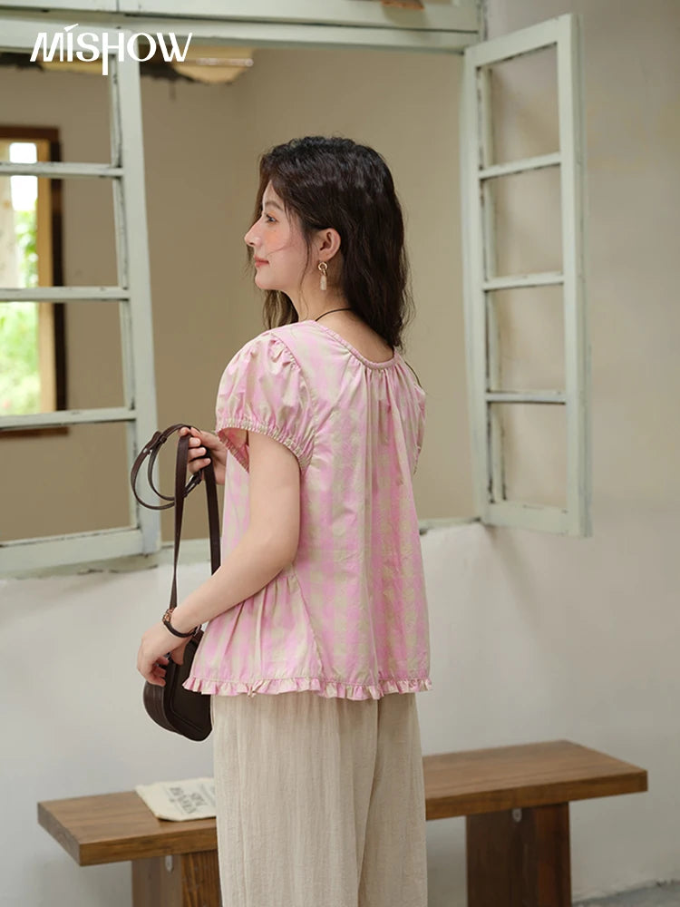 MISHOW Women's Puff Sleeve Plaid Button Shirt 2025 Summer New Fashion O-Neck Wood Ear Casual Shirt Cotton Pink Top MXE39X1932