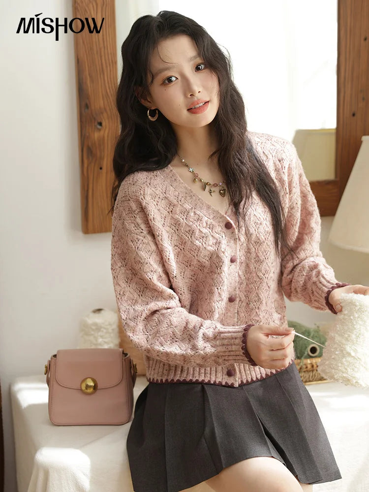 MISHOW Colorful Dot Wool Knitted Cardigan 2025 Autumn Hem Cuffs Shell Embroidery Tops Hollow Argyle Pattern Sweater MXE44Z1364