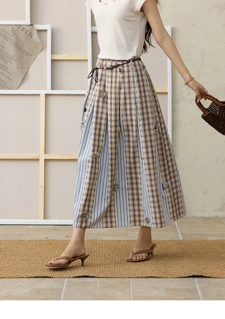 MISHOW Retro Plaid Patchwork Pleats Skirt Summer 2025 Versatile Flowers Slim Skirt A-LINE Skirts Excluding Waist Belt MXE35B0726