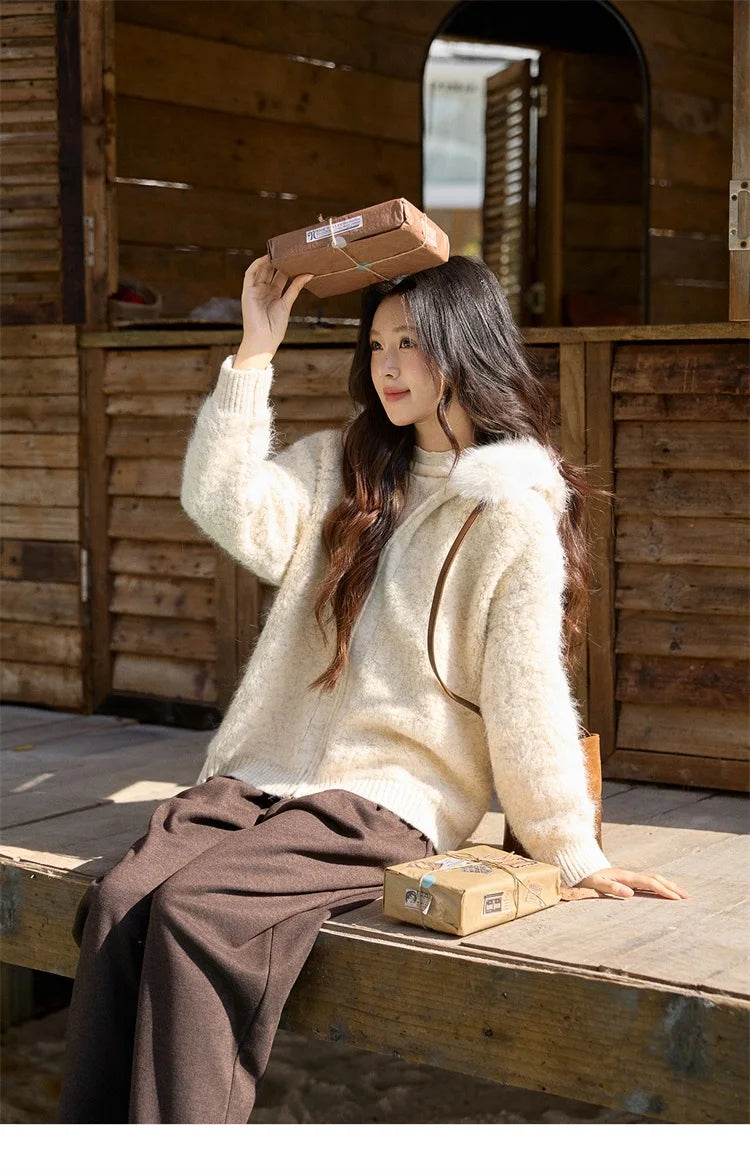 MISHOW Women's Beige White Cardigan Winter Fur Hood Zipper Warm Loose Outerwear Towel Embroidered Knitted Cardigan MXE94Z2963