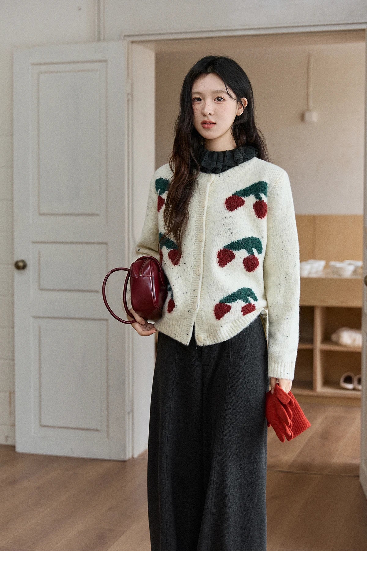 MISHOW Women's Cherry Jacquard Flecked Cardigan 2025 Autumn Winter Korean Drop Shoulder Tops Loose Crew Neck Knitwear MXE91Z2837