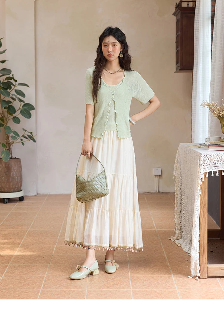 MISHOW Women's Mint Green Fake Two Piece Short Sleeved Knitted Cardigan 2025 Summer Solid Color Loose Comfortable Top MXE36Z1286