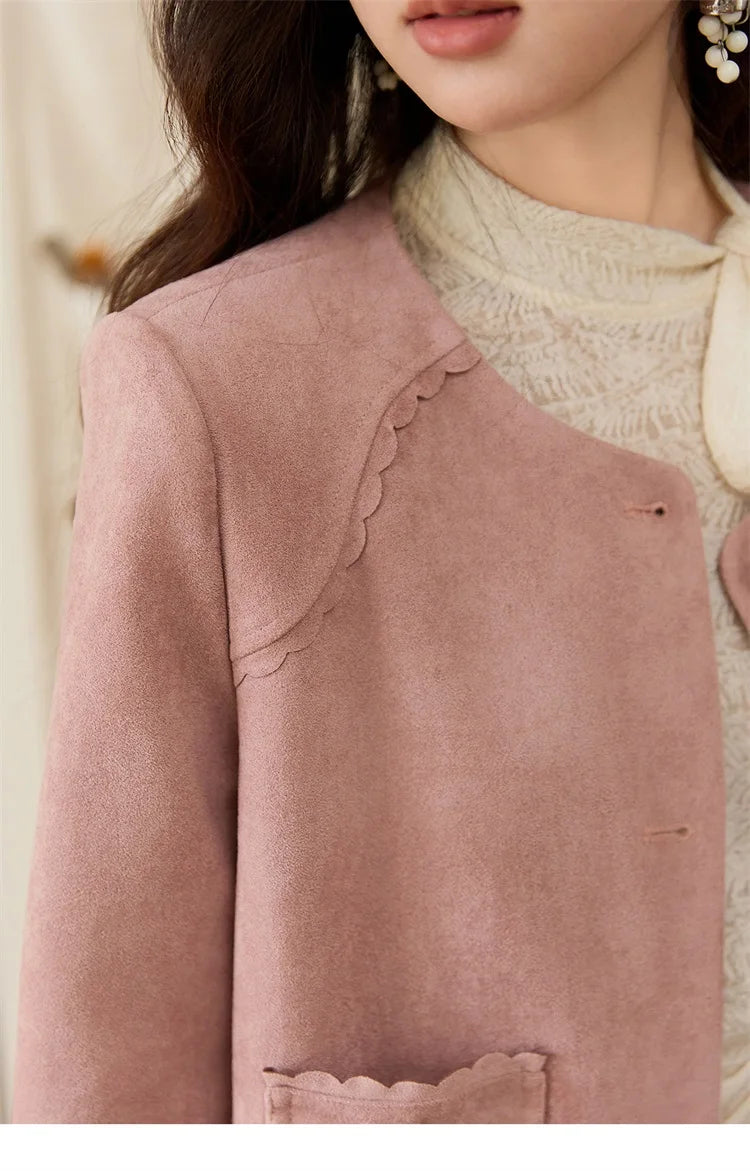 MISHOW Fragrant Suede Jacket for Women Autumn 2025 Cuffs Hollowed Out Lace Short Coats O-neck Metal Button Jackets MXE46W0839