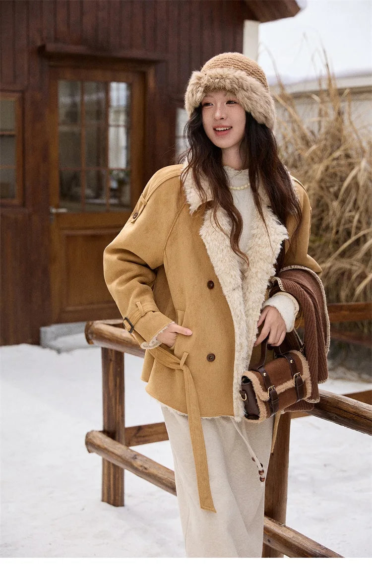 MISHOW Women Winter Jacket 2025 Fashion Suede Lambskin Fleece Coat Commute Windproof Retro Double-breasted Warm Coat MXE86W0907