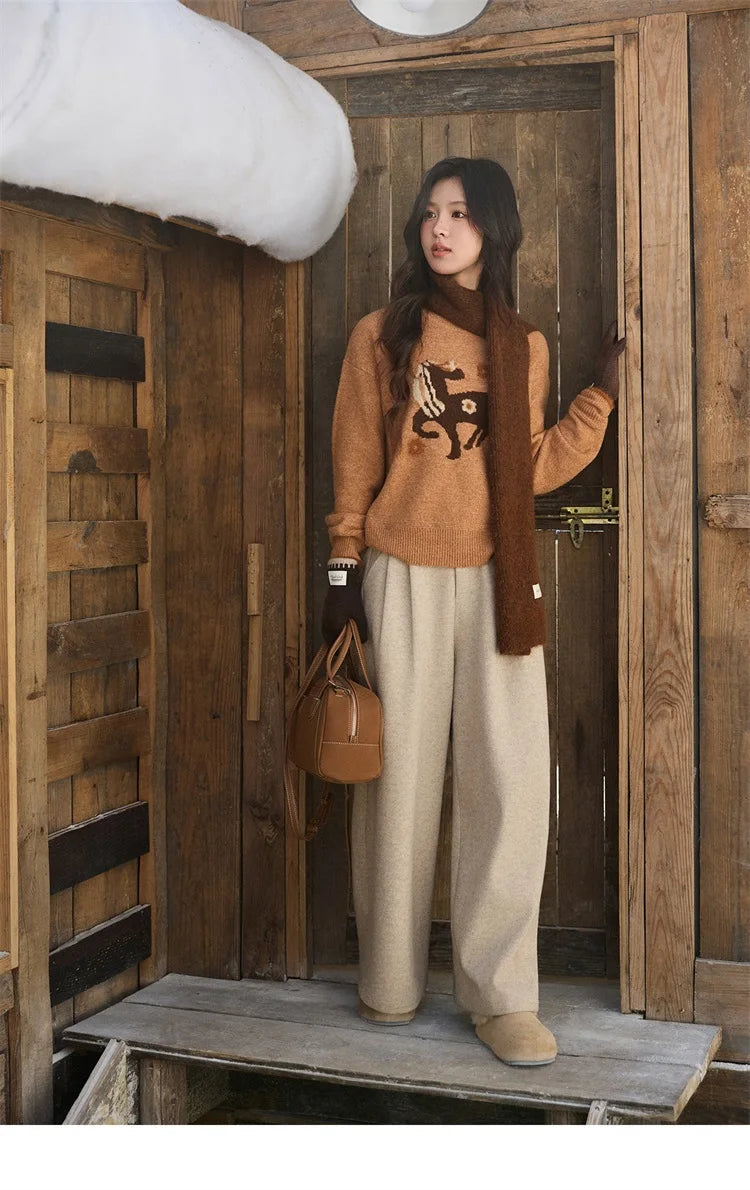 MISHOW Women's Horse Pattern Knit Sweater Winter Crew Neck Sweaters Collar Cuffs Splice Contrasting Faux Mink Fur Top MXE94Z2863