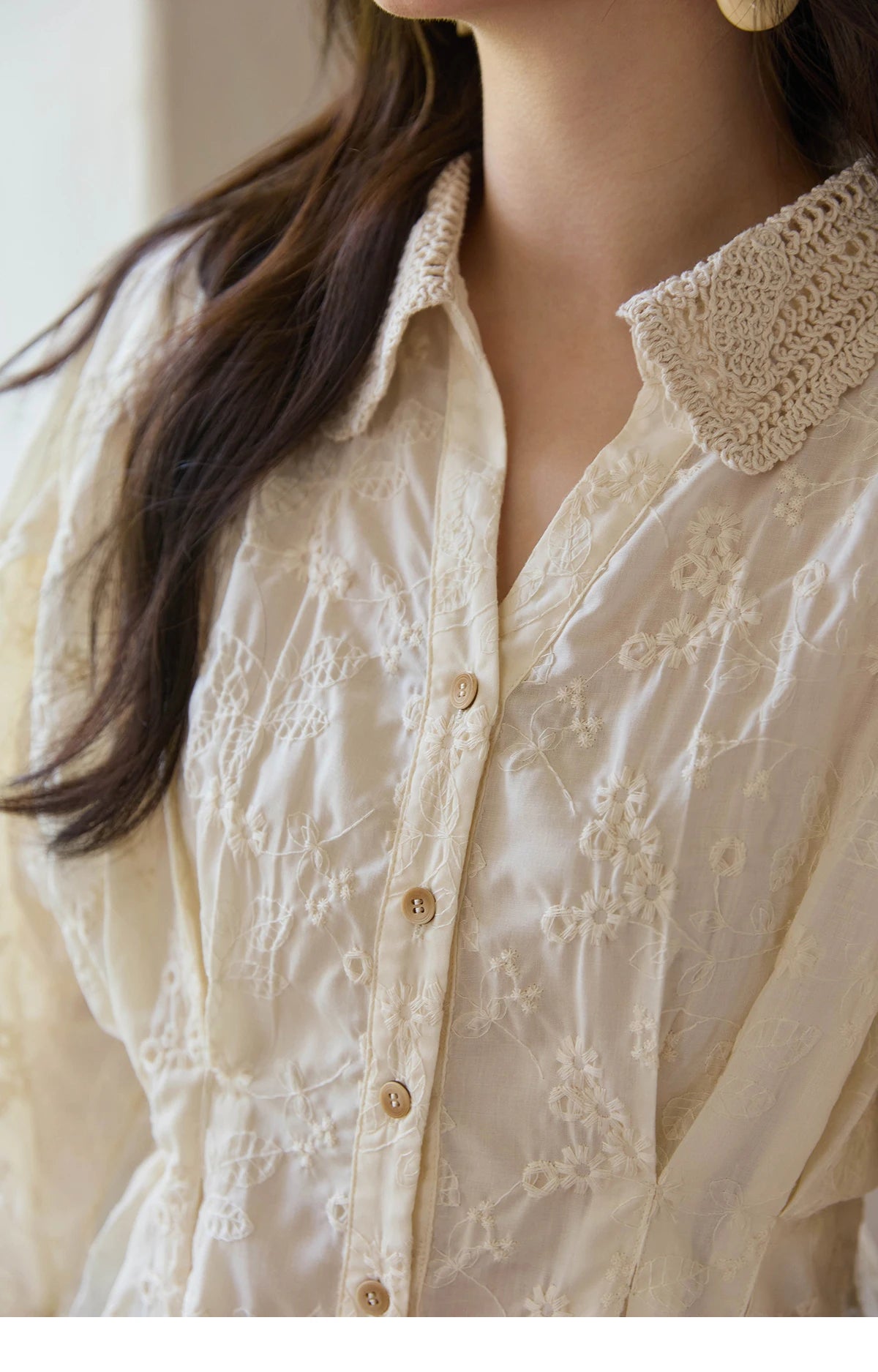 MISHOW Women's Lantern Sleeve Blouse 2025 Autumn French Lace Hollow Out Lapel Collar Shirts Waist Hem Ruffle Tops MXE42C2372