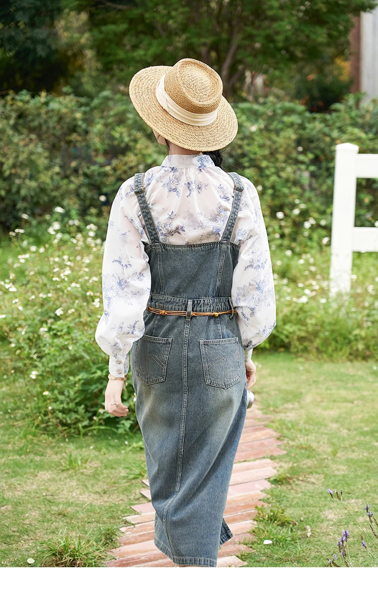 MISHOW Retro Denim Strap Dress for Women Spring Summer 2025 Symmetrical Diagonal Pockets Front Hem Slit Midi Dresses MXD14L1817