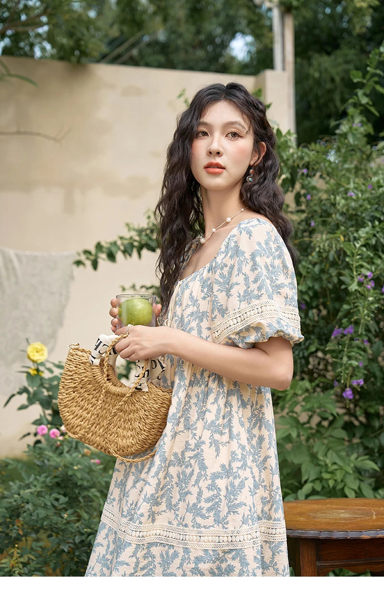 MISHOW French Floral Printing Dress for Women 2024 Summer Vacation U Neck Lace-up Bubble Sleeve Loose Doll Dresses MXD27L1898