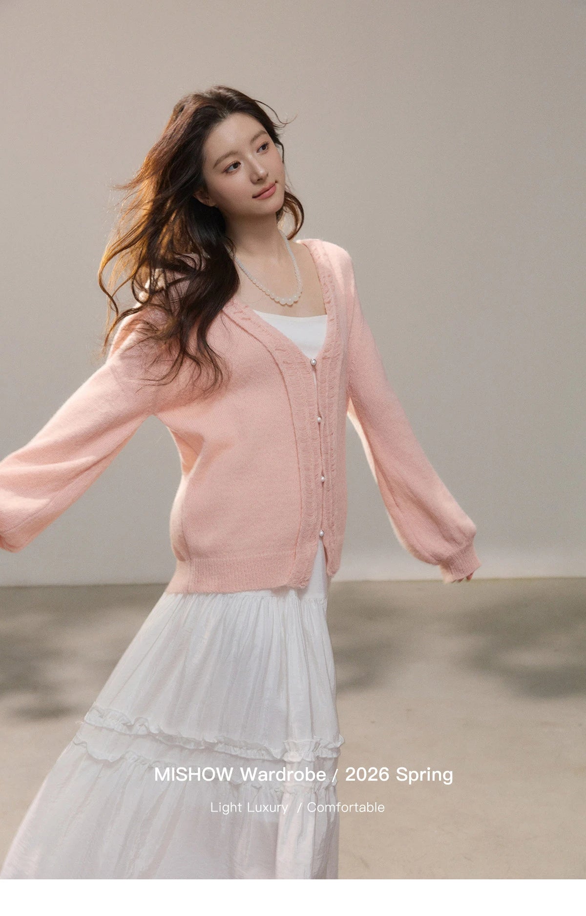 MISHOW Women's Pink Sweet Knit Cardigan 2026 Spring V-Neck Ruffled Trim Pearl Button Cardigans Loose Knitted Sweater MXF108Z1028