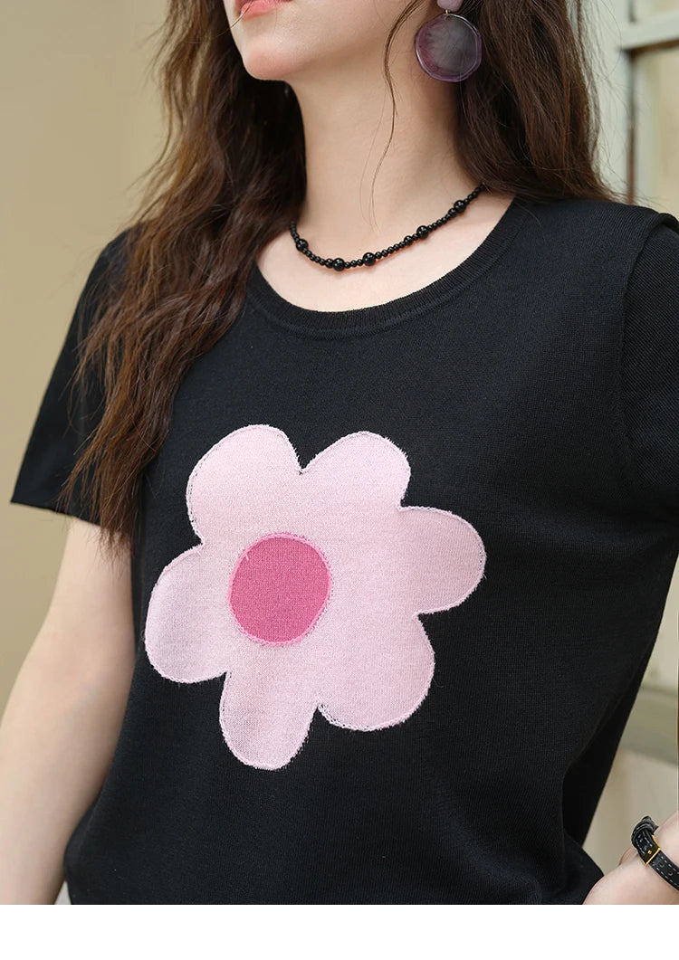 MISHOW Contrast Color Flower Knitted T-shirts for women 2025 Summer New Round Neck Top Women's Clothing Commute Tee MXE39Z1311