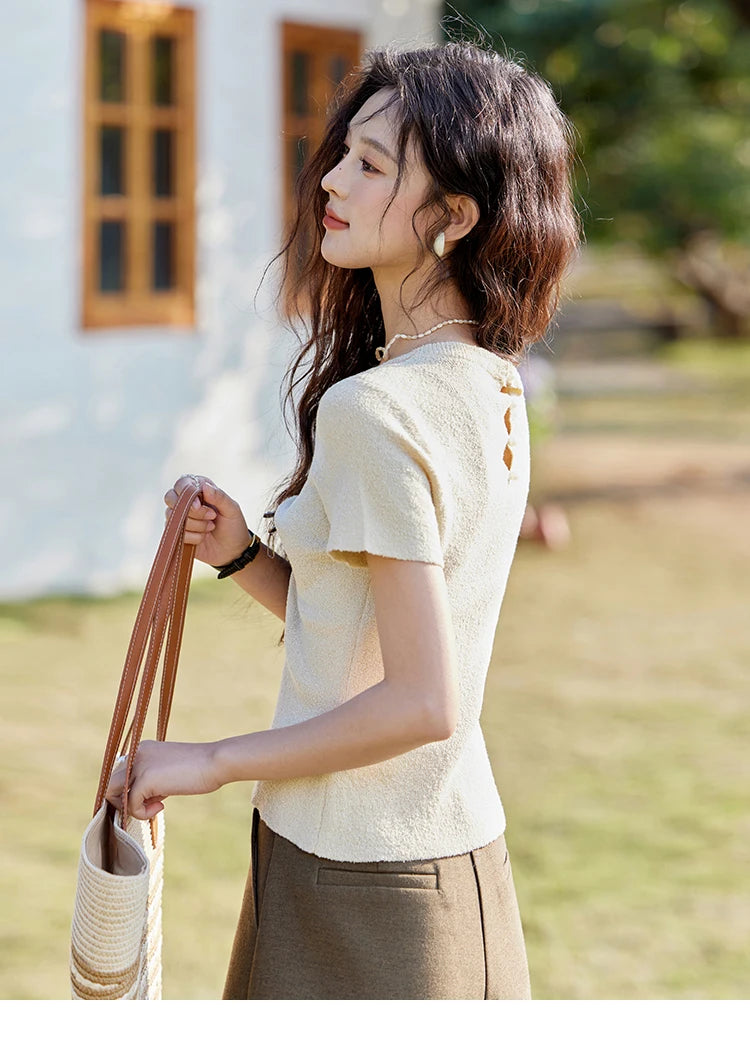 MISHOW Women's Short Sleeved Knitted T-shirt Spring 2025 Korean Minimalist Back Hollowed Out Pearl Buckle Design Tees MXE13Z1072