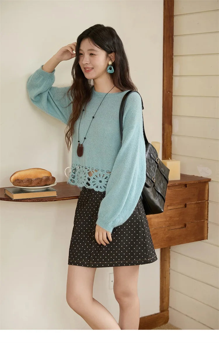 MISHOW Woman Sweaters 2025 Elegant French Hollow Out Floral Sweater Loose O-neck Long Sleeves Knit Top Autumn Clothes MXE44Z2491