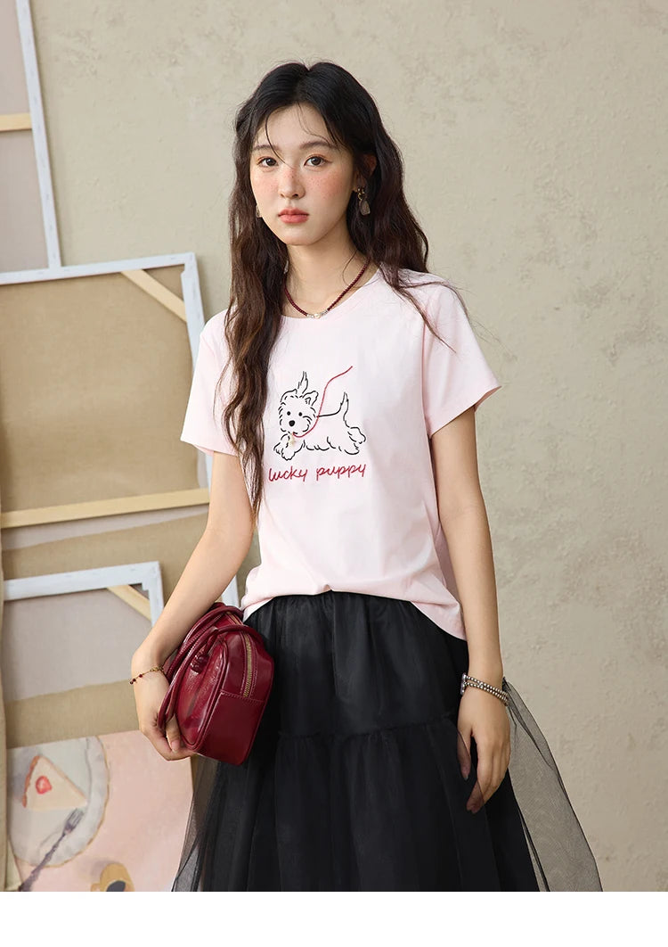 MISHOW Cute Printed Puppy Short Sleeve T-shirt 2025 Summer Round Neck Short Sleeved T-shirt Cotton Blend Casual Tees MXE36T0640