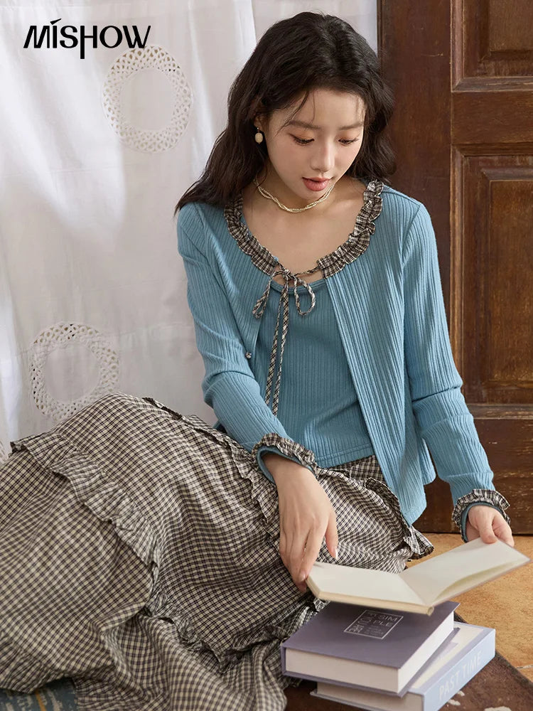 MISHOW Plaid Black Fungus Edge Tied Knitted Sweater for Women Autumn 2025 Pit Striped Knitted Fake Two-piece Top MXE44Z1361