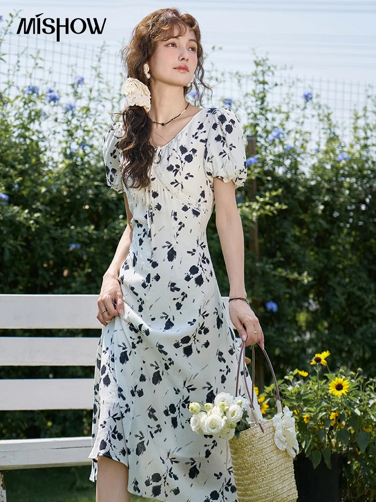 MISHOW Lace Up U-neck Bubble Sleeve Floral Dress Women Summer 2024 O-shaped Hollowed Out Halo Dyed Slim Long Dresses MXD14L1765