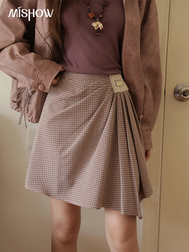 MISHOW Purple Plaid Short Skirt for Women Autumn 2025 Asymmetrical Patch Skirts Back Elastic Waist A-line Short Skirt MXE45B2411