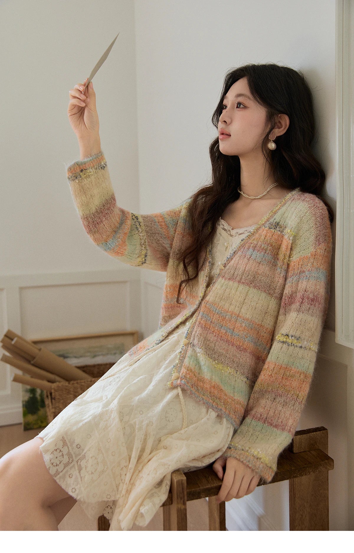 MISHOW Women's Gradient Striped Knit Cardigan 2026 Spring V Neck Single Breasted Casual Thin Soft Rainbow Sweater MXF13Z3019