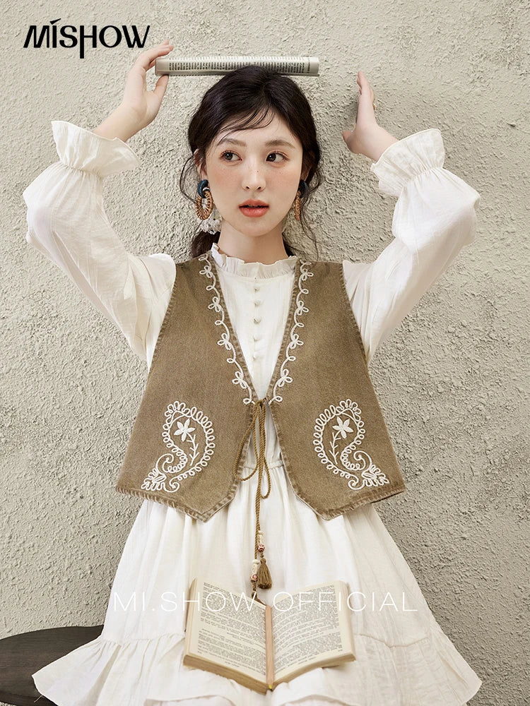 MISHOW Spring Elegant Vests Dress Separately Women 2025 Solid Long Puff Sleeve Midi Dresses Print Denim Vest Fashion MXE16L2197