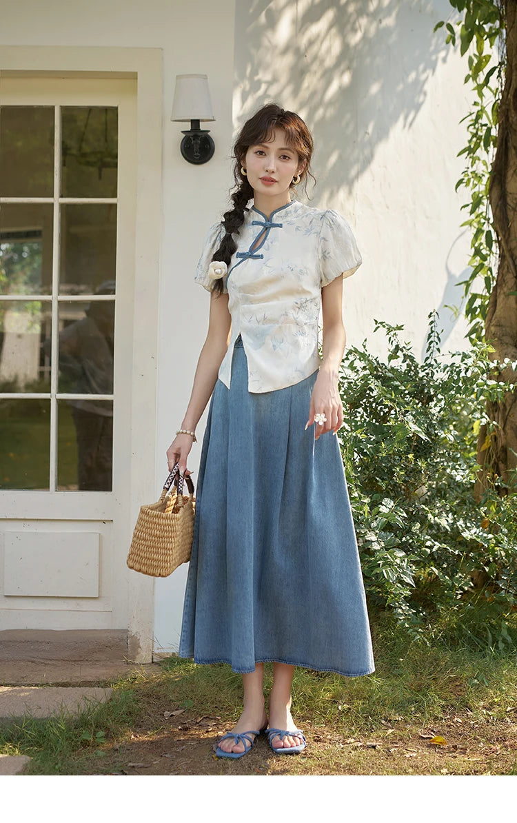 MISHOW Chinese Embroidered T-shirt High Waist Skirt Separately Summer 2024 Short Sleeve Split Hem Tops Denim Skirts MXD28X1604