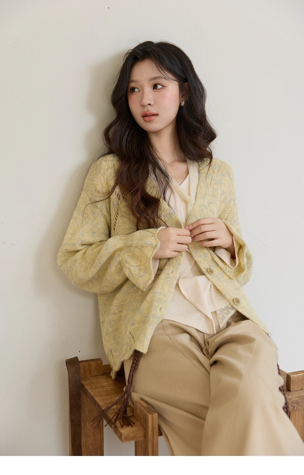 MISHOW Women's Marled Yellow Mohair Knit Cardigan 2026 Spring V-Neck Flare Sleeve Cardigans Casual Loose Sweater MXF108Z1021