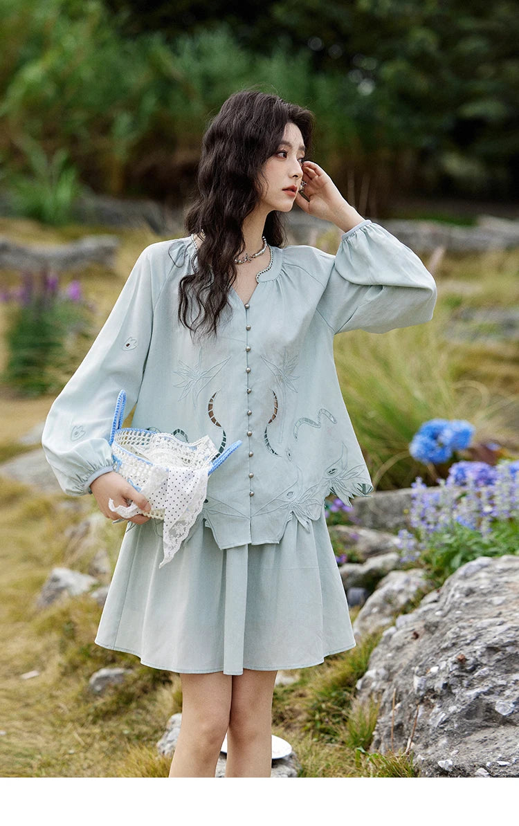 MISHOW Women's Sweet Blouses A-line Skirts Set Vintage Hollow Out Embroidery Loose Shirt Solid Skirt Two-piece Set MXE12T0455
