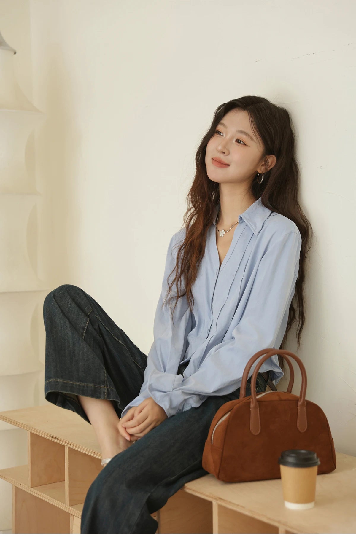 MISHOW Blue Peach Skin Velvet Shirt for Women Autumn 2025 Lapel V-neck Shirts Female Pleated Cuffs Tops Office Lady MXE44C2392