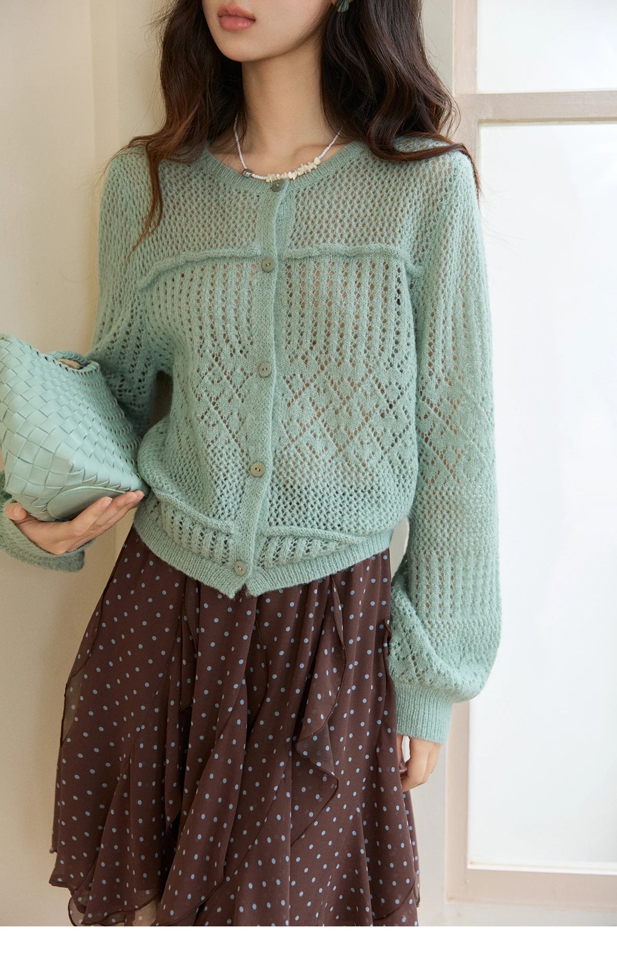 MISHOW Women's Mint Green Knitted Cardigan 2026 Spring Crew Neck Hollow Out Thin Tops Casual Loose Sheer Sweater MXF108Z1046