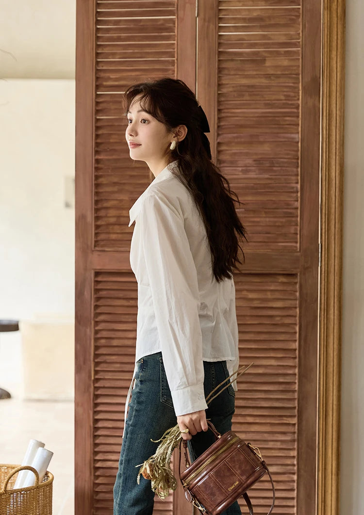 MISHOW French Side Placket Asymmetric Shirt Autumn 2025 Pleated Waist Lapel Shirts Long Sleeve Loose Commuter Tops MXD45C0357