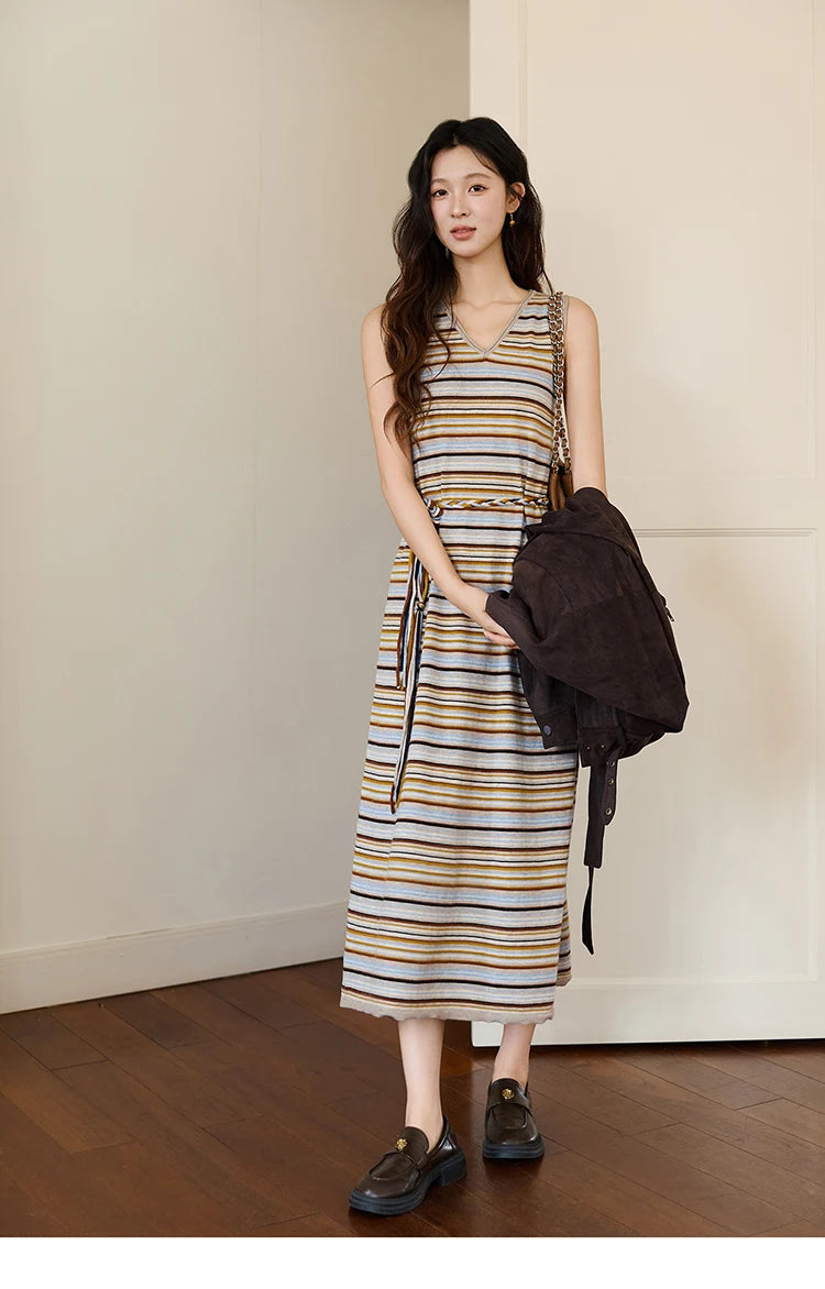 MISHOW Women's Striped V-neck Dress Autumn 2025 Loose Sleeveless Core Spun Yarn Dresses Tied Waist Casual Long Dress MXE46L2521