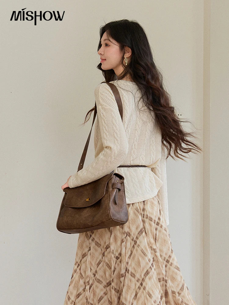 MISHOW Women's Beige Apricot Knitted Sweater 2026 Spring V-Neck Lace-Up Cable Knit Casual Loose Top Excluding Belt MXF108Z1029