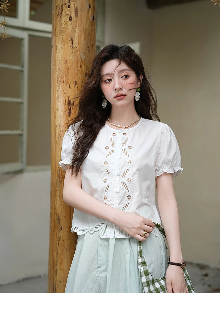 MISHOW 100%Cotton Hollow Embroidery Round Neck Shirt for Women 2025 Summer Puff Sleeve Casual Top Women's Clothing MXE39X1938