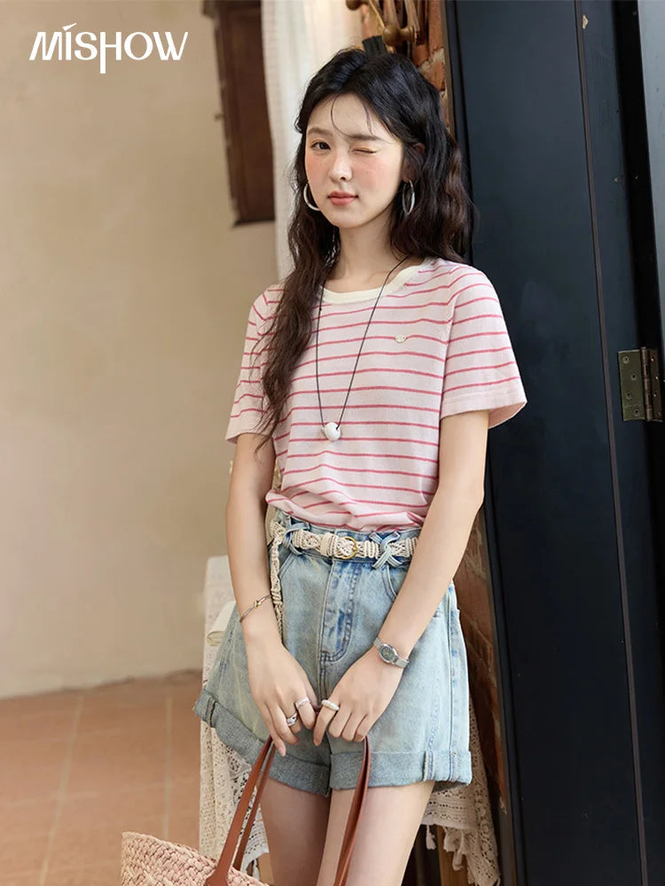 MISHOW Striped Knitted T-shirt for Women Summer 2025 Color Contrasting Round Neck Tees Wool Blended Slim Casual Top MXE35Z1270