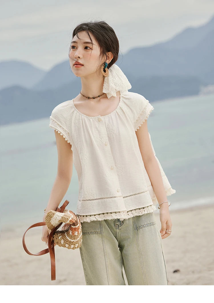 MISHOW Embroidered French Shirt Women Summer 2025 Short Sleeve Round Neck Solid Blouses Female Fashion New Tops Lady MXE33X1744