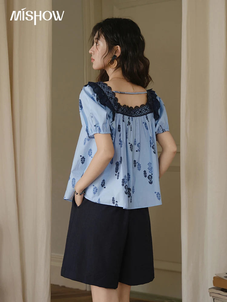 MISHOW Fashion Print Cotton Shirt for Women 2025 Summer New Puff Sleeve Lace Splicing Retro Blue Casual Button Top MXE35X1842