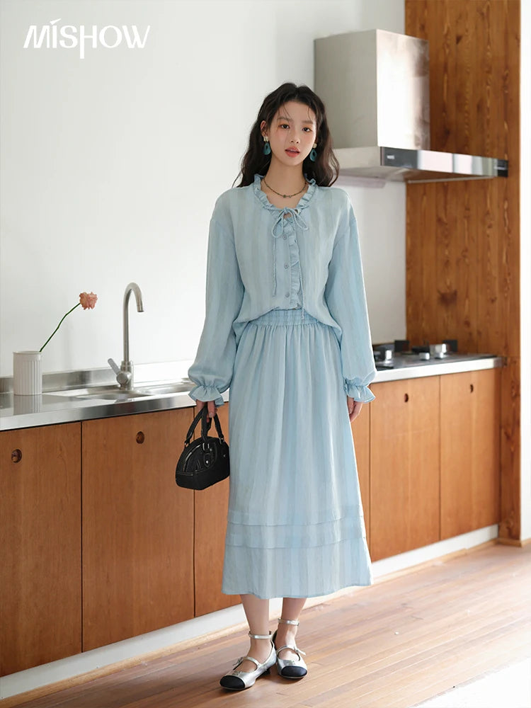 MISHOW Women's Light Blue Striped Linen Suit 2025 Autumn Fungus Edge V-neck Lace-up Shirt Elastic Waist Skirt Two pcs MXE41T0700