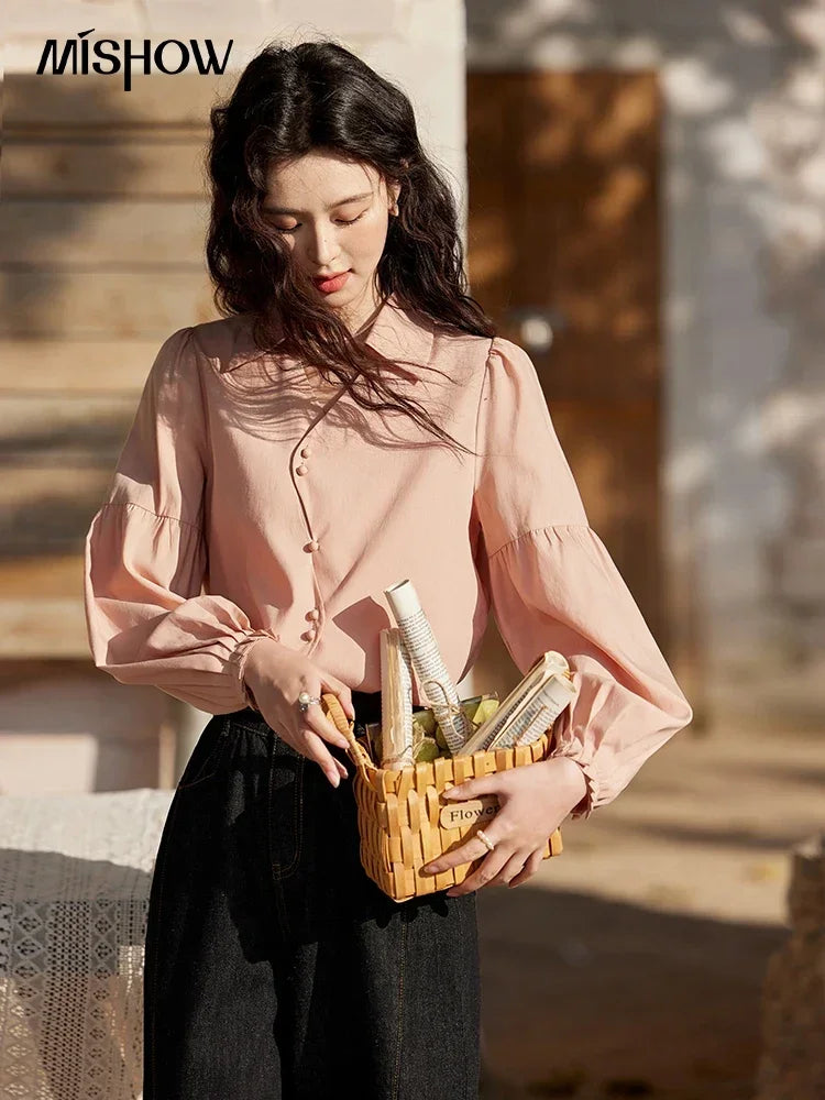 MISHOW French Polo Neck Long Sleeve Shirt Women's Spring Summer 2025 Elegant Sweet Cute Casual Tops Solid Shirts MXE11C0388