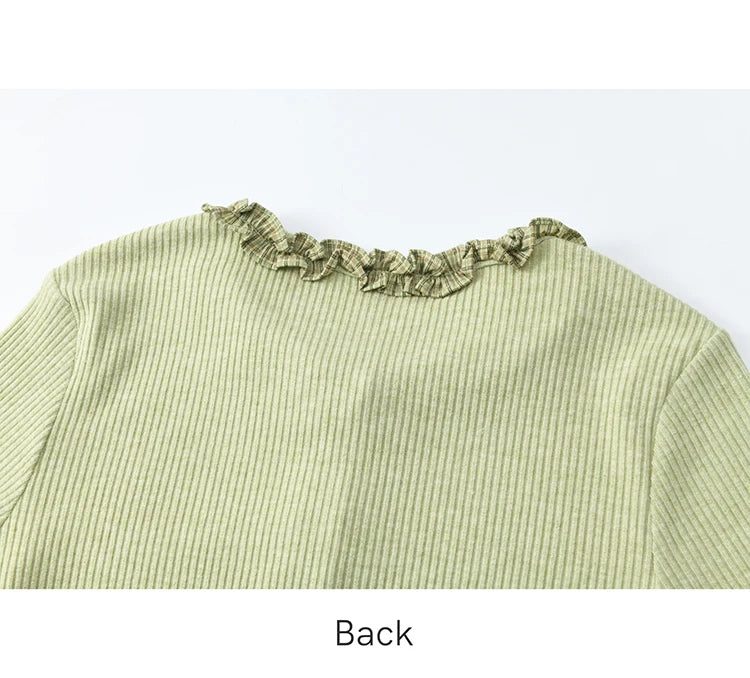 MISHOW Green Plaid Knitted Top 2025 Spring Lotus Leaf Sleeves Tees Slim Long Sleeve Curled Collar Single Breasted Top MXE14Z1152