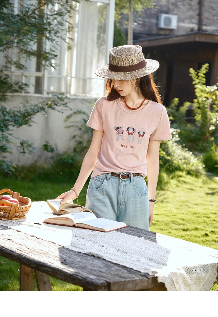 MISHOW Short Sleeve Little Bear Print T-shirt for Women 2025 Summer New O-Neck Embroidery Top Versatile Loose Tee MXE39T0699