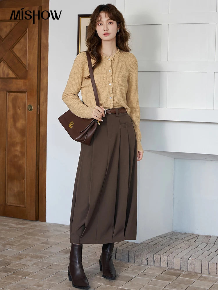 MISHOW Women's Midi Skirt 2023 Autumn Academy Pleated Commuter A-LINE Pockets Solid Split Back Hem Mid-Calf Skirts MXC42B0118