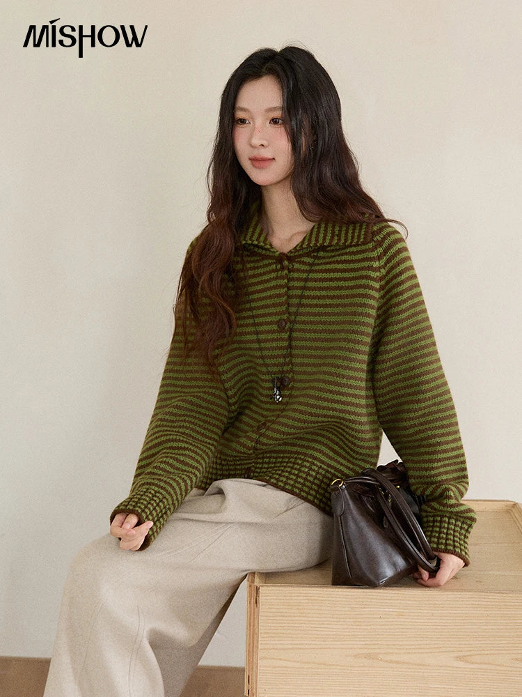 MISHOW New Striped Knitted Cardigan 2025 Autumn Winter Retro Stand-up Collar Raglan Sleeve Cardigan Commute Loose Top MXE88Z2690