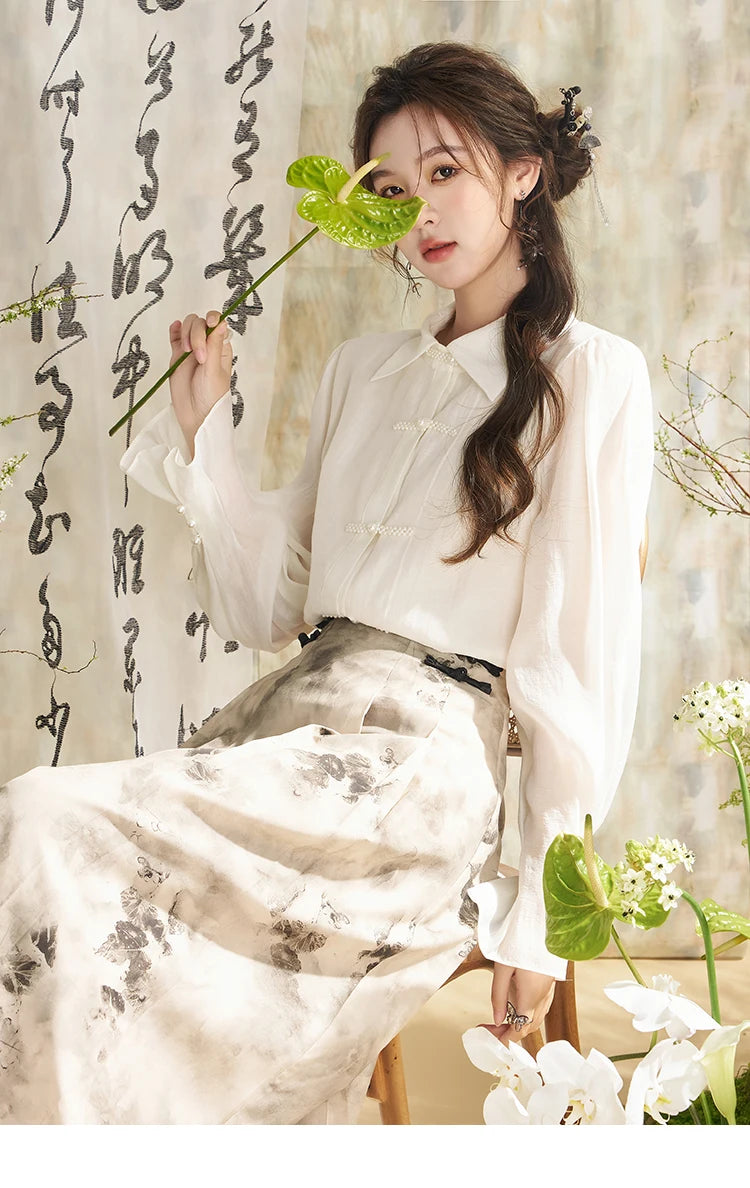 MISHOW Chinese Style Lapel Shirt 2024 Spring Retro Button Pearl Embellishments Folded Cuffs Petal Sleeve Loose Top MXD11X1344