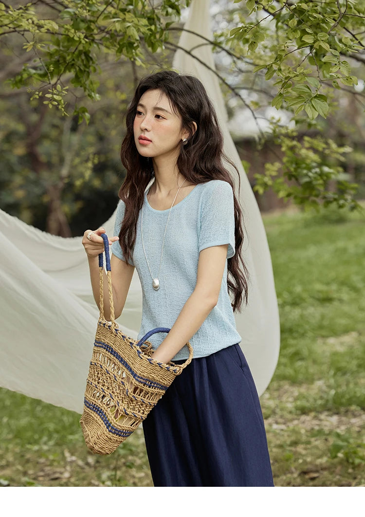 MISHOW Office Lady Women’s T-shirts Summer 2025 Short Sleeve Round Neck Solid Slimming Knitted Shirt Female Fashion MXE34Z1257