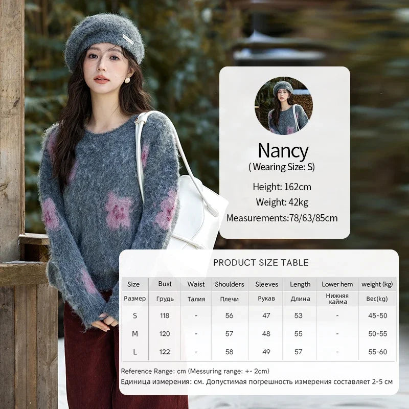MISHOW Wool Yarn Plush Fur Flower O-Neck Pullover Knitted Sweater Women Clothes Warm Versatile Long-sleeved Tops MXD56Z1001