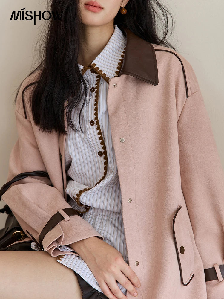 MISHOW Pink Jacket for Women 2025 Autumn New Commute Sweet Style Turn-down Collar Long Sleeve Mid-length Jacket MXE45W0845