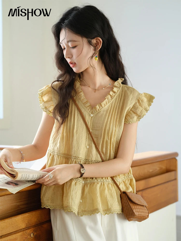 MISHOW Women's Summer Shirt 2025 New Wood Ear V-neck Flying Sleeve Shirt Casual Wrinkle Spliced Button Ladies Top MXE37X1908
