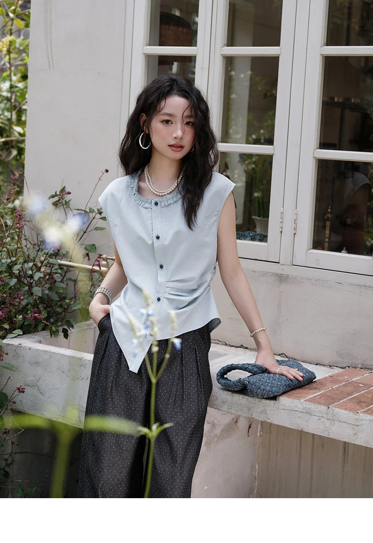 MISHOW Women's Casual Round Neck Shirt 2025 Summer New Office Lady Slim Shirt Sleeveless Button Top Female Clothing MXE38X1864