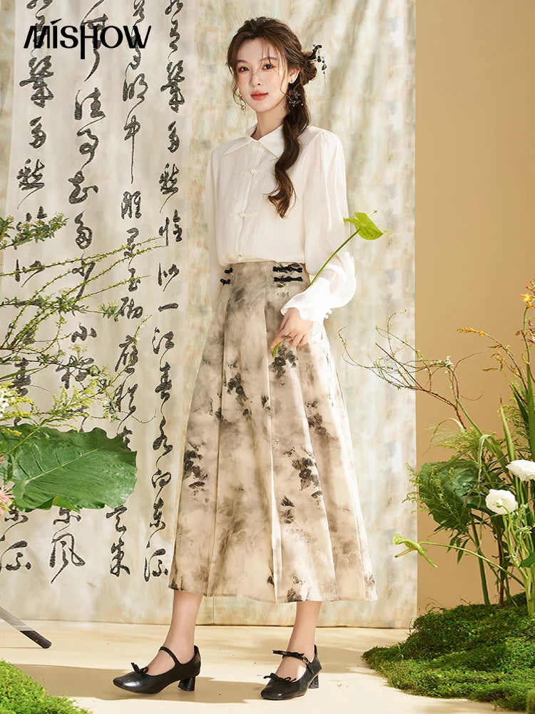 MISHOW Chinese Style Lapel Shirt 2024 Spring Retro Button Pearl Embellishments Folded Cuffs Petal Sleeve Loose Top MXD11X1344